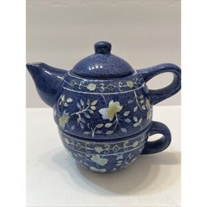 World Market Tea For One Blue Floral Ceramic Teapot/Cup Combo Stackable